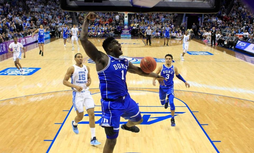 Duke’s Zion Williamson (1) slams in two in the second half during Duke’s 74-73 victory over UNC in the semifinals of the 2019 ACC Tournament in Charlotte, N.C., Friday, March 15, 2019. Ethan Hyman/ehyman@newsobserver.com