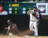 Apr 20, 2019; Chicago, IL, USA; Arizona Diamondbacks first baseman Christian Walker (53) is out at second base as Chicago Cubs third baseman David Bote (13) makes the throw to first base during the ninth inning at Wrigley Field. Mandatory Credit: Jim Young-USA TODAY Sports