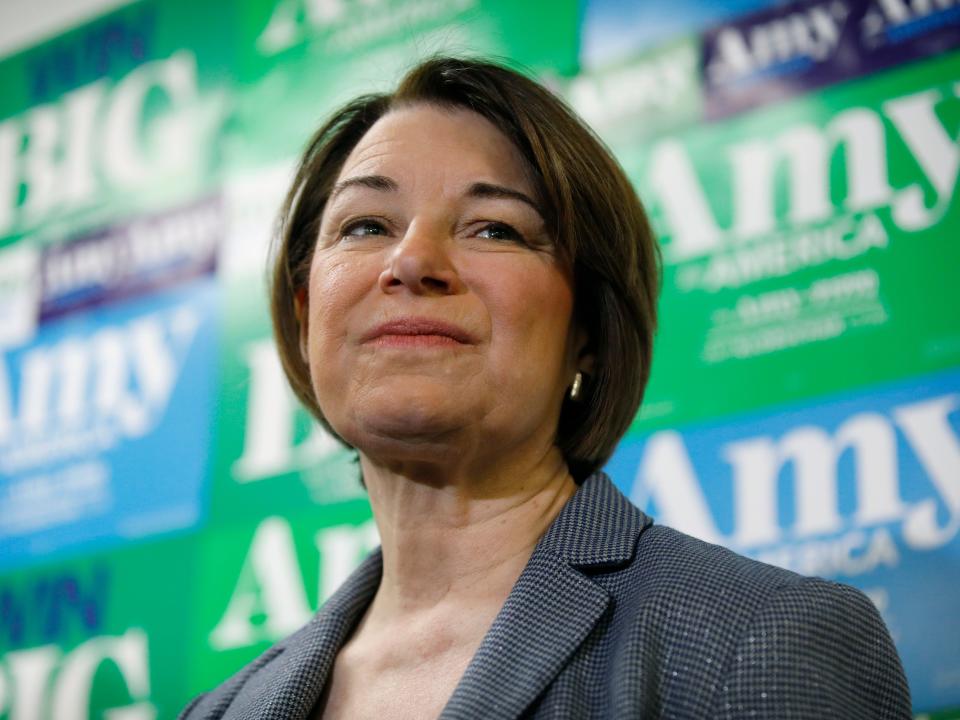 Democratic presidential candidate Sen. Amy Klobuchar, D-Minn., pauses during a visit to a campaign office, Saturday, Feb. 22, 2020, in Las Vegas. (AP Photo/John Locher)