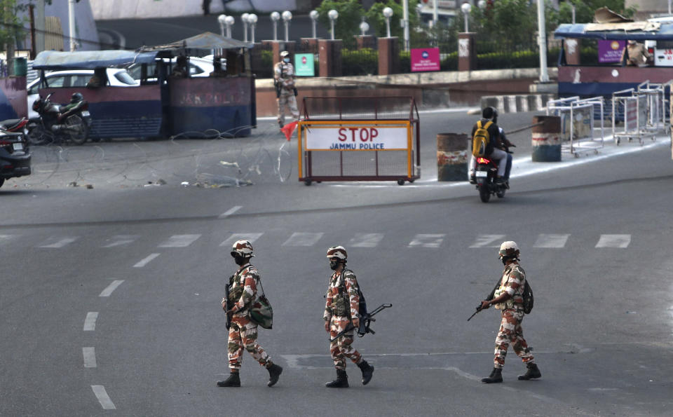 Indian para-military force soldiers patrol in Jammu, India,, July 24, 2020. Most of the para-military soldiers have not gone home or taken leave since August last year after New Delhi scraped Kashmir's semi-autonomous status and divided the Himalayan territory into two federally governed regions. Indian-controlled Kashmir has remained on edge after New Delhi last summer scrapped the disputed region’s semi-autonomy amid a near-total clampdown. While deeply unpopular in Muslim-majority Kashmir, the sudden move resonated in India, where Prime Minister Narendra Modi was cheered by supporters for fulfilling a long-held Hindu nationalist pledge. (AP Photo/Channi Anand)