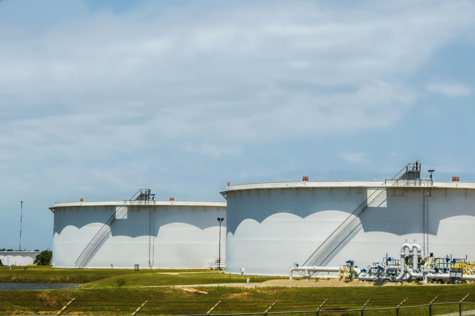 Giant oil storage tanks in Cushing Oklahoma Oil Crossroads of the World where most of the WTI oil in the USA is stored and traded