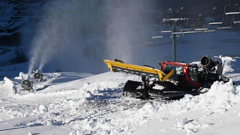 Human-made snow is blown onto the mountain at the Utah Olympic Park in Park City on Monday, Nov. 27, 2023.