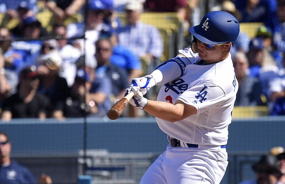 Los Angeles Dodgers' Joc Pederson hits a two-run home run during the sixth inning of a baseball game against the Arizona Diamondbacks, Thursday, March 28, 2019, in Los Angeles. (AP Photo/Mark J. Terrill)