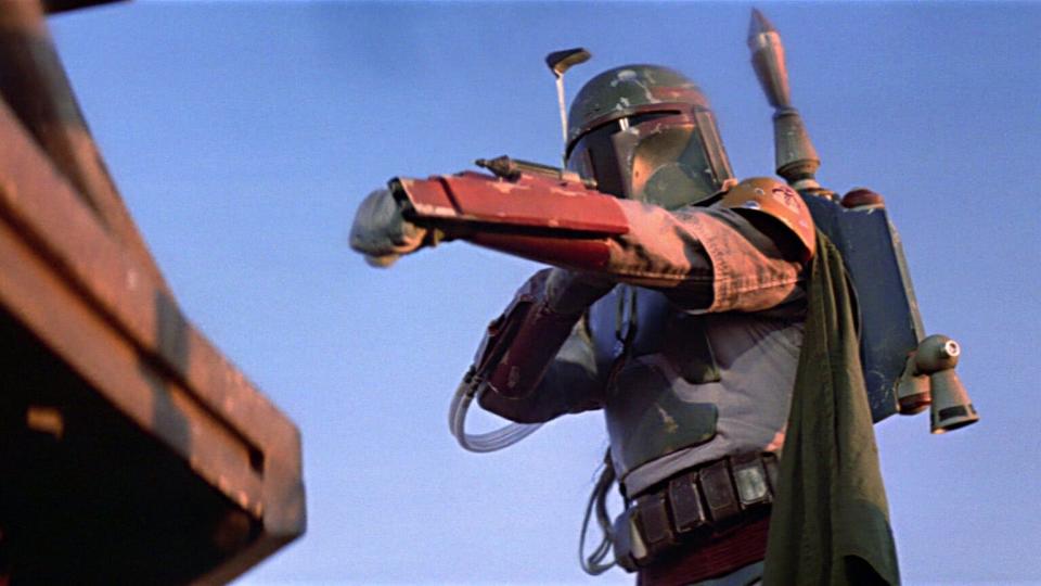 Boba Fett swings into action with his jetpack in "Return of the Jedi."