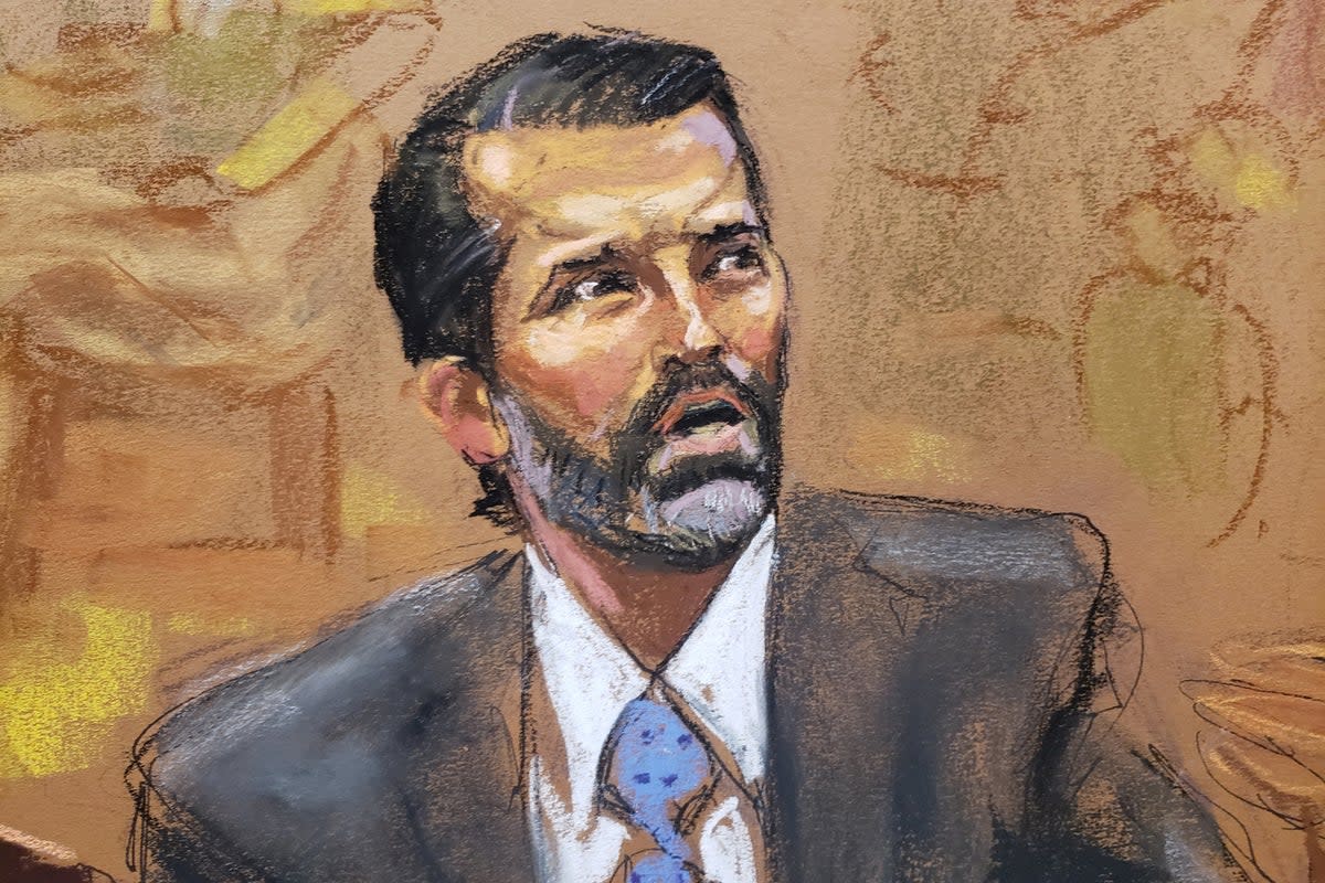 A courtroom sketch depicts Donald Trump Jr testifying in his second appearance at the fraud trial (REUTERS)