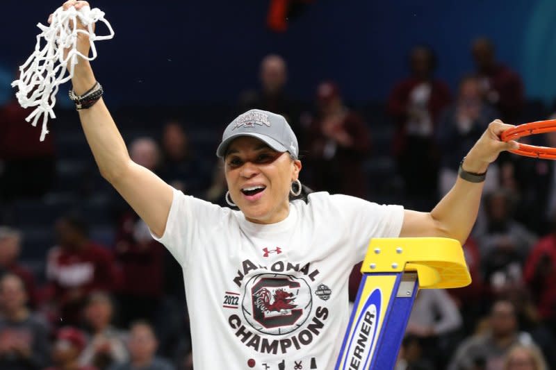 Coach Dawn Staley and South Carolina will host Notre Dame on Monday in Paris. File Photo by Aaron Josefczyk/UPI