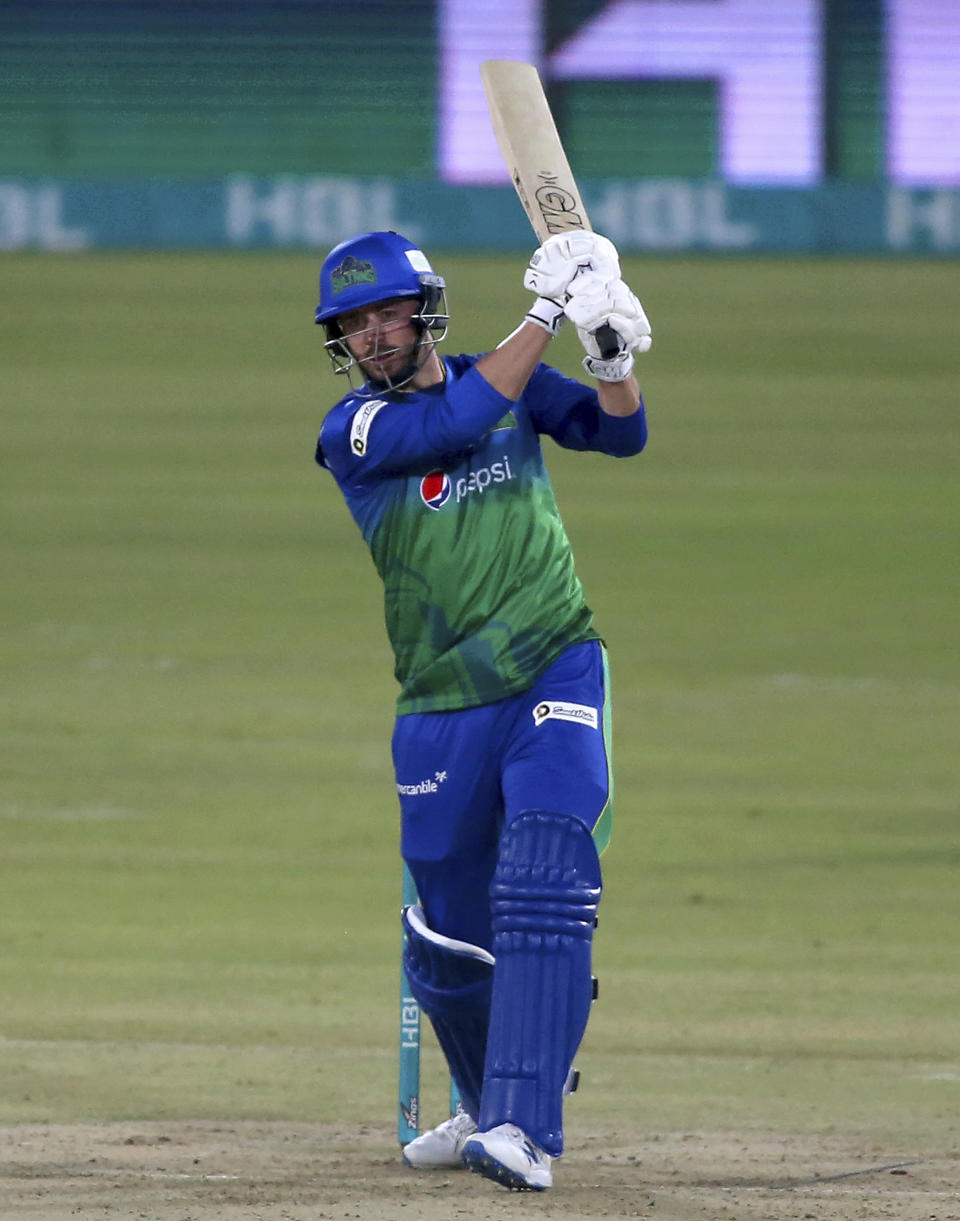 Multan Sultans' James Vince plays a shot for boundary during a Pakistan Super League T20 cricket match between Multan Sultans and Peshawar Zalmi at the National Stadium, in Karachi, Pakistan, Tuesday, Feb. 23, 2021. (AP Photo/Fareed Khan),