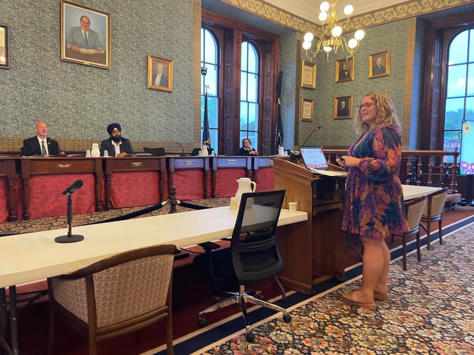 Drug Prevention Coordinator Hannah Ornburn presenting before the Norwich City Council on Monday Night. Data from the Norwich Prevention Council shows the situation around youth mental health and substance use in Norwich is improving.