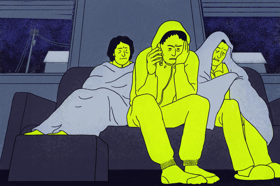 Illustration of Michael Negussie on the phone while his parents sit next to him covered in blankets. (Laila Milevski / ProPublica)