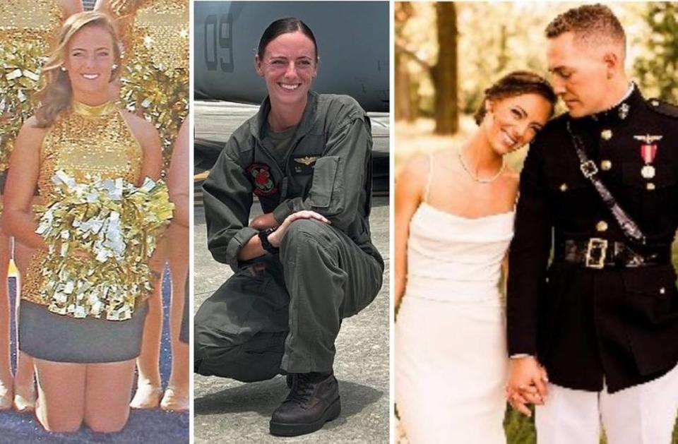 Capt. Eleanor “Ellie” Cooke, formerly LeBeau, is shown with the dance team at Murray State University, left to right, as a U.S. Marine Corps pilot and at her wedding to fellow Marine Chase Cooke.