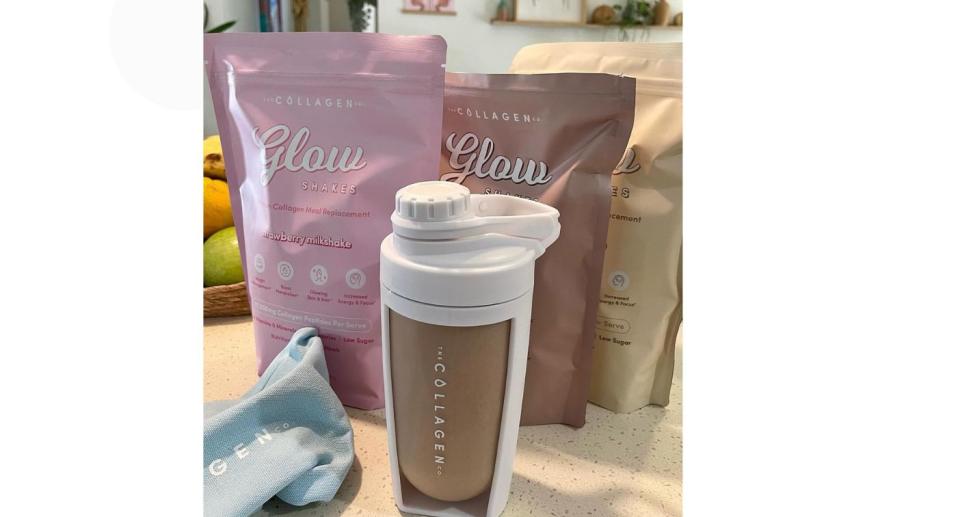 The Collagen Co Glow Shake packets and drink