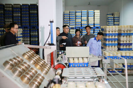 North Korean Leader Kim Jong Un gives field guidance to the Pyongyang mushroom factory in this undated photo released by North Korea's Korean Central News Agency (KCNA) in Pyongyang on April 8, 2017. KCNA/via REUTERS