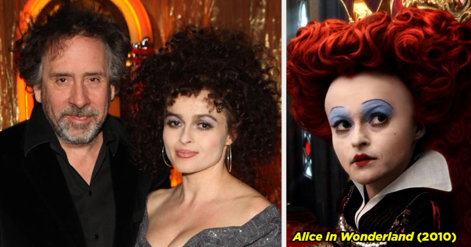 Tim Burton posing with Helena Bonham Carter and Helena's as the Queen of Hearts in Alice in Wonderland