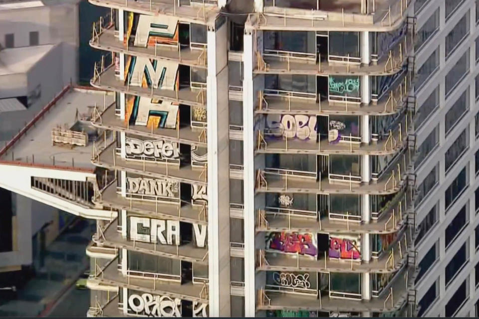 Graffiti covers multiple stories of a downtown Los Angeles high-rise. (NBC Los Angeles / NBC Los Angeles)