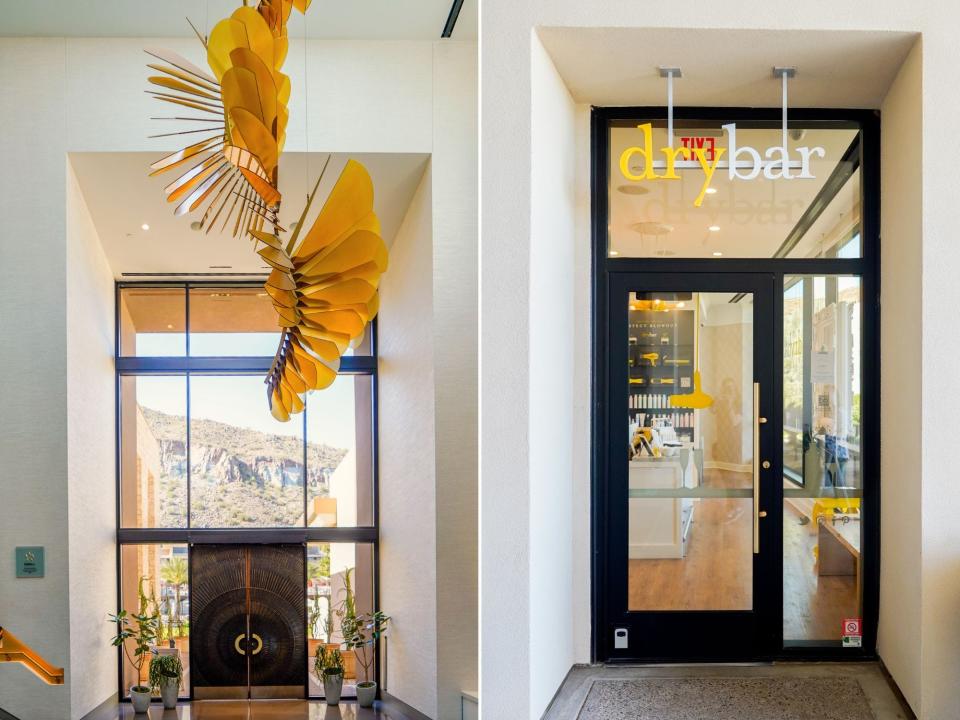 Left: inside the luxuriously decorated spa lobby at the Phoenician. Right: A glass door with a sign that says dry bar at the top