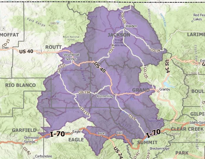 Colorado Parks and Wildlife is tracking two wolves that have made their way into Moffatt County. A map shows where 12 collared wolves have been over the last month. (Map: Colorado Parks and Wildlife)