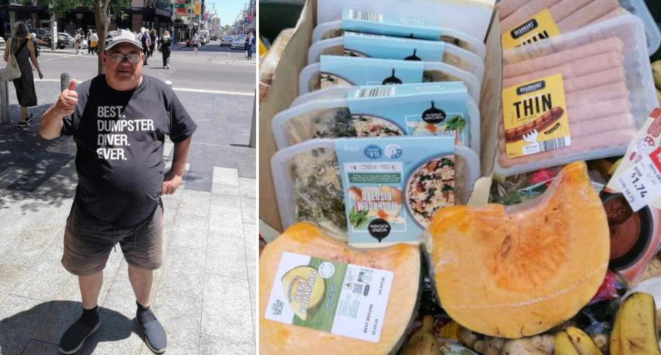 Left image of Simon Eden wearing a grey T-shirt that says 'Best Dumpster Diver Ever' in white writing. He has a thumbs up on one hand. The right image is of food 'waste' he found in an Aldi bin, including pumpkin and ready meals.