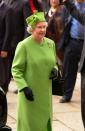 <p>You can’t miss the Queen in this lime green ensemble and matching hat, which she wore on a state visit to Italy. <i>[Photo: Rex]</i></p>