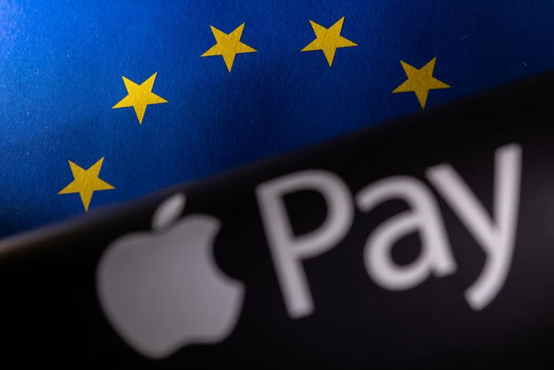 Illustration shows EU flag and Apple Pay logo