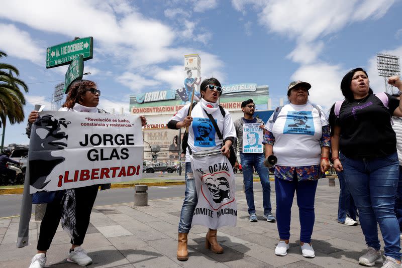 Demonstrators gather outside the Mexican embassy in Ecuador to ask for the freedom of former Ecuador VP Glas, in Quito