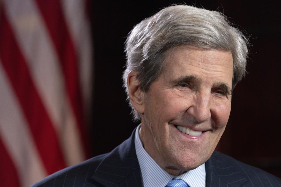 John Kerry, U.S. Special Presidential Envoy for Climate, attends an interview with The Associated Press in his office at the State Department, Tuesday, Feb. 6, 2024, in Washington. Kerry feels he’s going out on a high note as he retires from leading U.S. efforts in international negotiations to confront ever-worsening climate change. (AP Photo/Jacquelyn Martin)