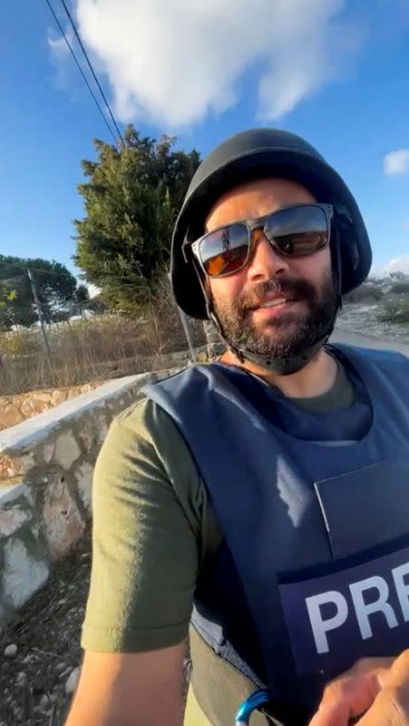 FILE PHOTO: A screenshot taken from a selfie mobile phone video of Reuters visual journalist Issam Abdallah at a site near the village of Alma al-Chaab in Lebanon