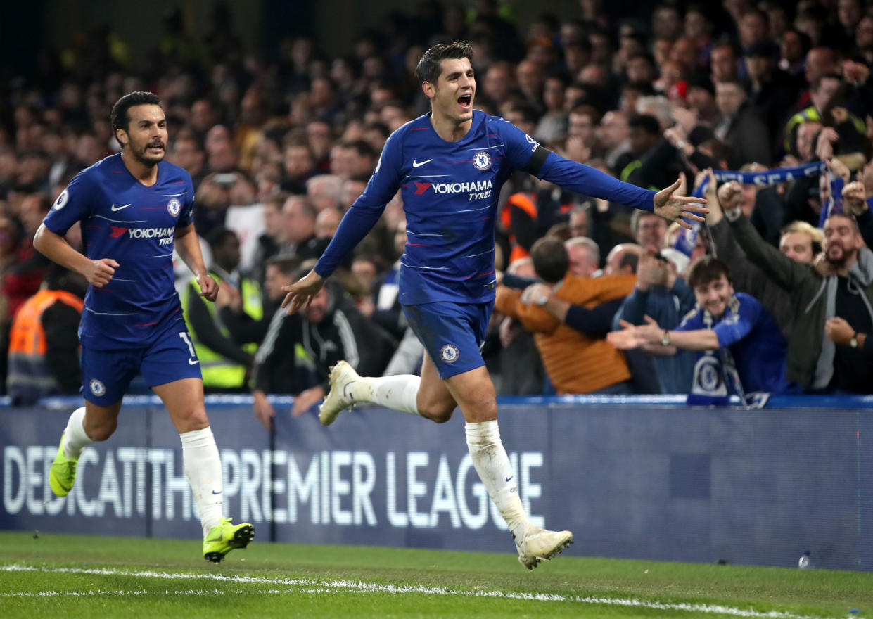Alvaro Morata celebrates with the Chelsea fans after scoring the Blues’ first-half opener