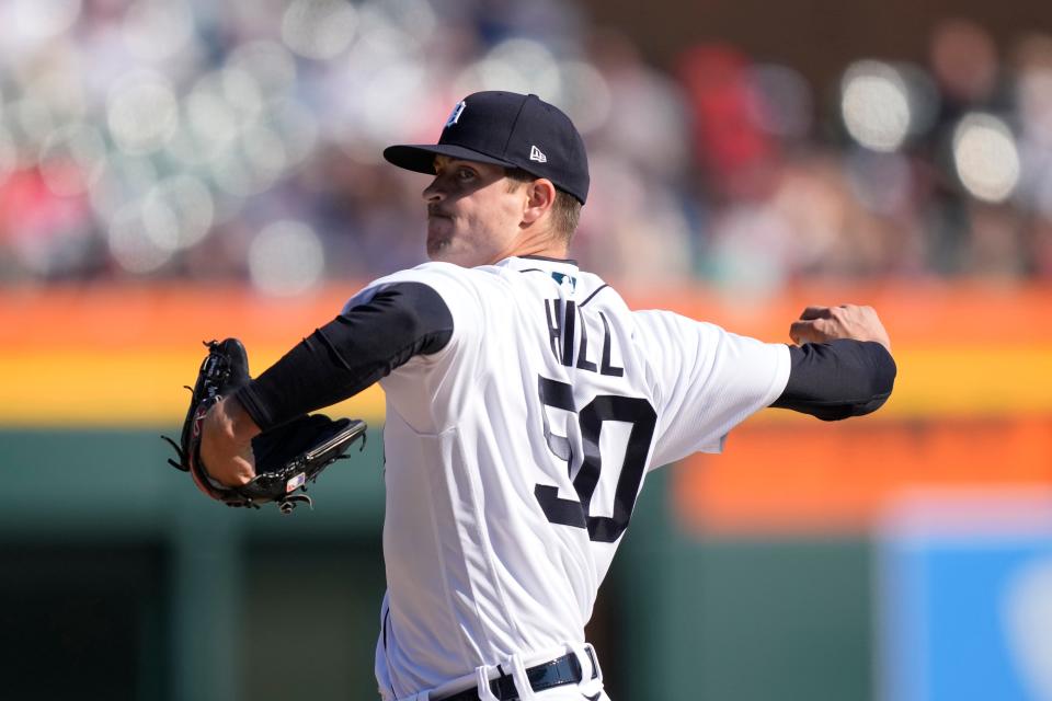 Detroit Tigers starting pitcher Garrett Hill throws during the second inning against the Boston Red Sox, Saturday, April 8, 2023, in Detroit.