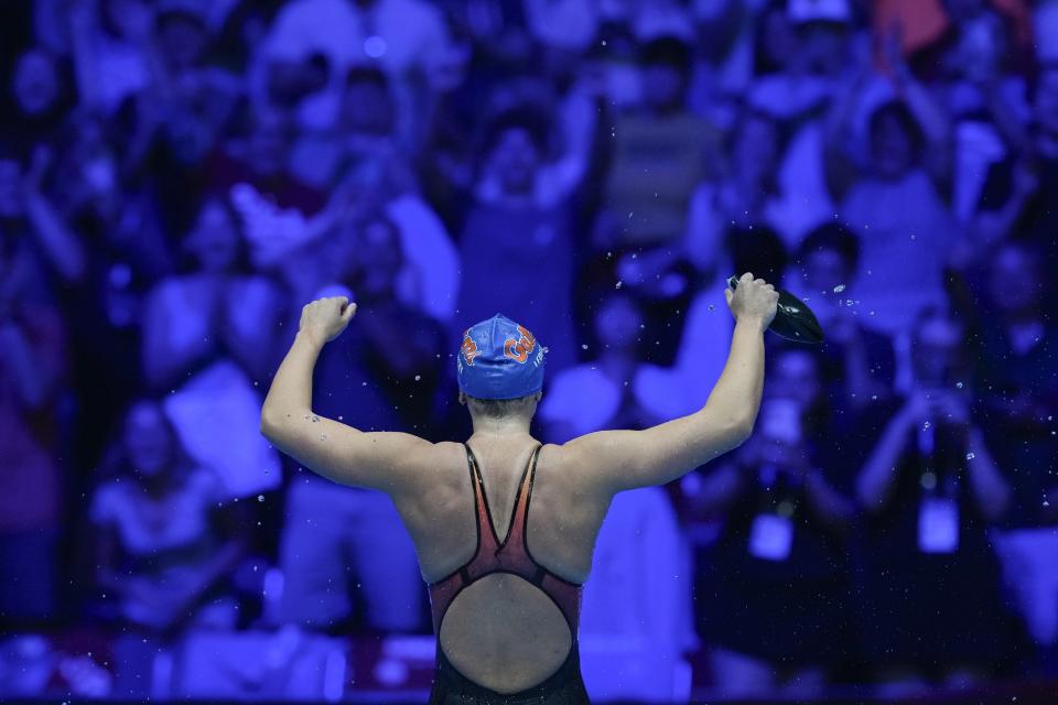 Katie Ledecky reacts after winning the Women's 400 freestyle finals heat Saturday, June 15, 2024, at the US Swimming Olympic Trials in Indianapolis. (AP Photo/Michael Conroy)