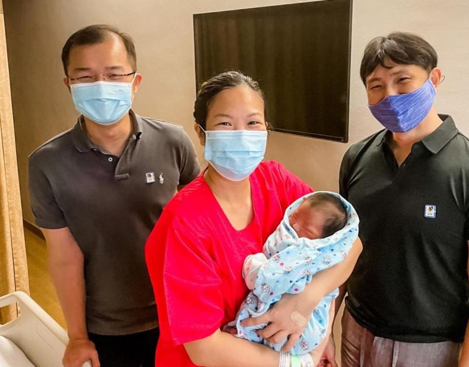 Sengkang GRC MPs (L to R): Louis Chua, He Ting Ru holding her baby son, Jamus Lim. (PHOTO: He Ting Ru/Facebook)