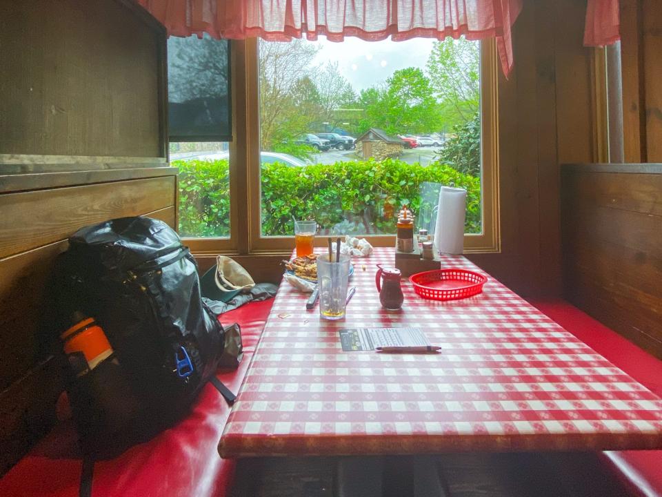 The author's booth at a restuarant in Gatlinburg Tennessee.