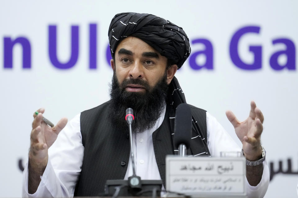 Zabiullah Mujahid, the spokesman for the Taliban government, speaks during a press conference in Kabul, Afghanistan, Thursday, June 30, 2022. Afghanistan’s Taliban rulers on Thursday held the first major gathering of Islamic clerics and tribal elders since they seized power in August, with over 3,000 coming to the capital for the event. Women were not allowed to attend. (AP Photo/Ebrahim Noroozi)