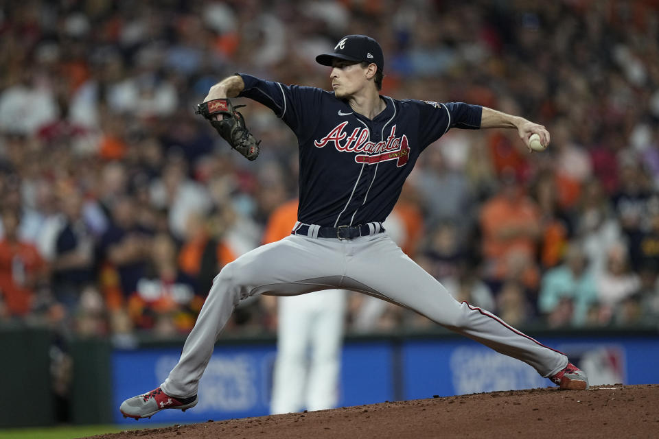 Atlanta Braves starting pitcher Max Fried throws during the first inning in Game 2 of baseball's World Series between the Houston Astros and the Atlanta Braves Wednesday, Oct. 27, 2021, in Houston. (AP Photo/David J. Phillip)