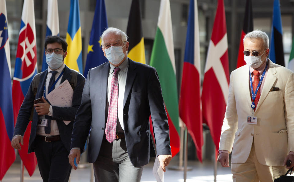 European Union foreign policy chief Josep Borrell arrives for a meeting of EU foreign ministers at the European Council building in Brussels, Monday, July 13, 2020. European Union foreign ministers meet for the first time face-to-face since the pandemic lockdown and will assess their fraught relations with China and discuss the troubled relation with Turkey. (AP Photo/Virginia Mayo, Pool)/