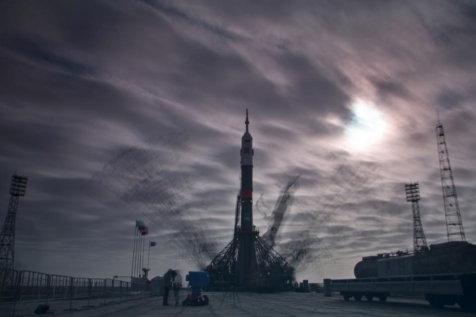 The Soyuz TMA-12M spacecraft is set on its launch pad at the Baikonur cosmodrome