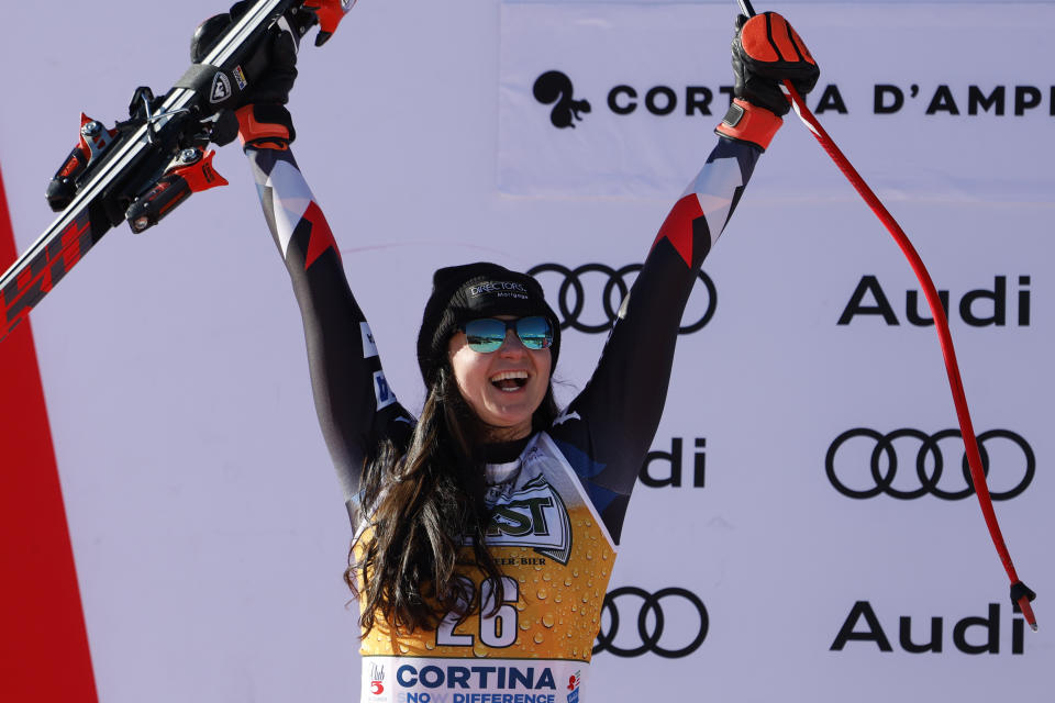 Second placed United States' Jacqueline Wiles, celebrates after an alpine ski, women's World Cup downhill race, in Cortina d'Ampezzo, Italy, Saturday, Jan. 27, 2024. (AP Photo/Alessandro Trovati)