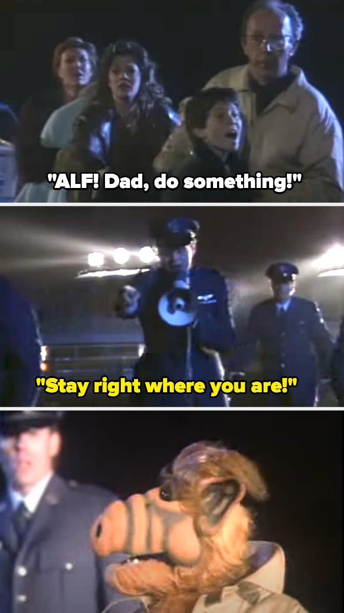 A child yelling for his dad to do something while several people in military uniforms tell them to stay where they are before grabbing ALF