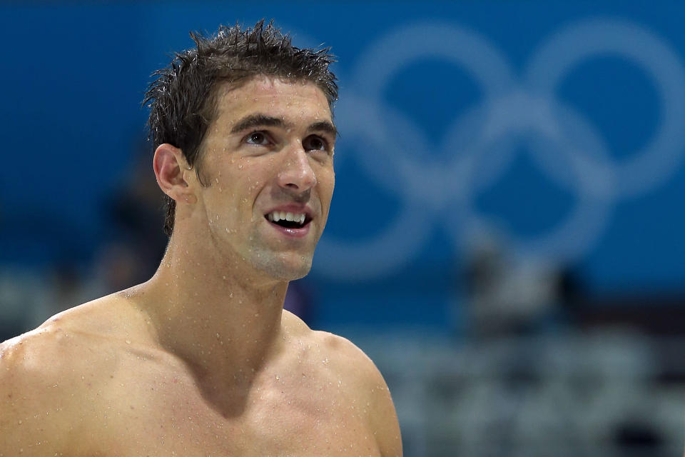 Gold medallist Michael Phelps of the United States exits the pool after the United States won the Men's 4x100m medley Relay Final on Day 8 of the London 2012 Olympic Games at the Aquatics Centre on August 4, 2012 in London, England. (Photo by Clive Rose/Getty Images)<br><br> <b>Related:</b> <a href="http://yhoo.it/Qt0Wbs" rel="nofollow noopener" target="_blank" data-ylk="slk:Michael Phelps with all his gold medals;elm:context_link;itc:0;sec:content-canvas" class="link ">Michael Phelps with all his gold medals</a>