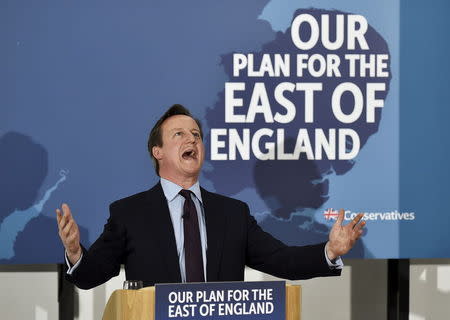 British Prime Minister David Cameron speaks during a campaign visit in Frinton-on-Sea, Britain April 24, 2015. REUTERS/Toby Melville