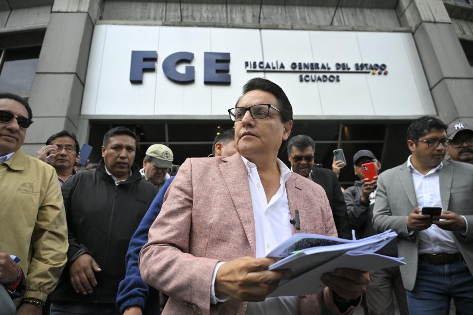 Ecuadorian presidential candidate Fernando Villavicencio speaks to journalists upon his arrival at the Attorney General's Office in Quito, August 8, 2023. / Credit: RODRIGO BUENDIA/AFP/Getty