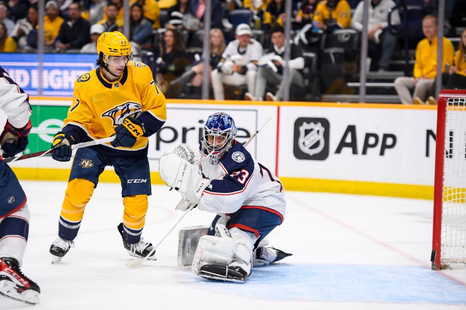 Apr 13, 2024; Nashville, Tennessee, USA; Columbus Blue Jackets goaltender Jet Greaves (73) watches as the puck scores form the shot of Nashville Predators defenseman Roman Josi (59) during the first period at Bridgestone Arena. Mandatory Credit: Steve Roberts-USA TODAY Sports