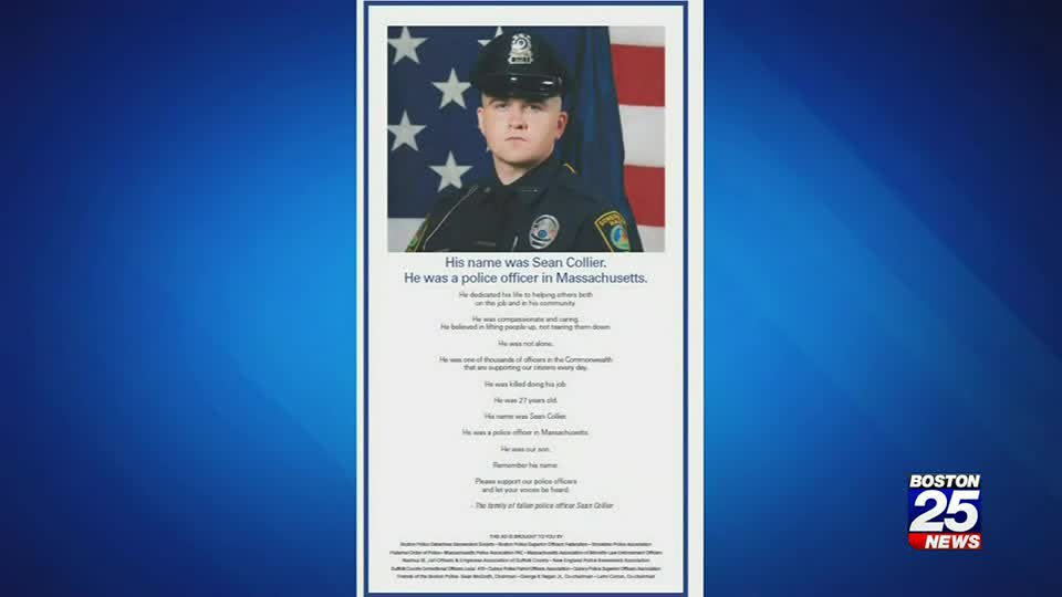 A full-page newspaper ad with the picture or fallen MIT Police Officer Seann Collier is an appeal to all Americans to give police a chance. It begins with: His name was Sean Collier. He was a police officer in Massachusetts.