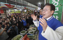 South Korea's main opposition Democratic Party leader Lee Jae-myung speaks during a campaign rally for the upcoming parliamentary election in Jecheon, South Korea, Wednesday, March 27, 2024. As South Koreans prepare to vote for a new 300-member parliament next week, many are choosing their livelihoods and other domestic topics as their most important election issues. (Shin Joon-hee/Yonhap via AP)