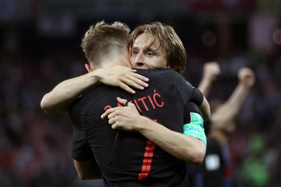 Ivan Rakitic of Croatia celebrates with teammate Luka Modric of Croatia after scoring his team’s third goal during the 2018 FIFA World Cup Russia group D match between Argentina and Croatia at Nizhny Novgorod Stadium on June 21, 2018 in Nizhny Novgorod, Russia. (Getty Images)