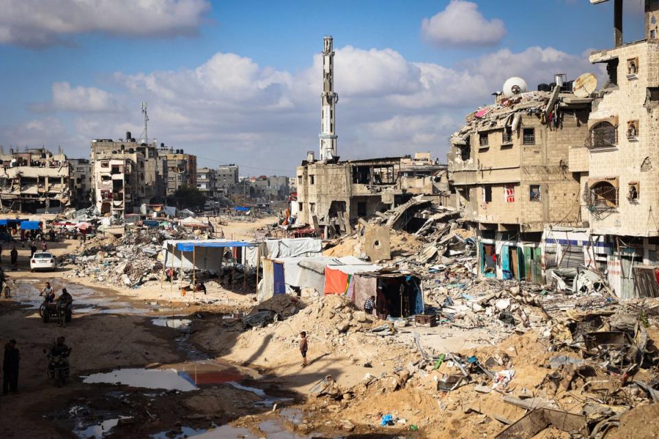 Tents are set up by displaced Palestinians amid the devastation in Khan Yunis in the southern Gaza Strip (AFP via Getty Images)