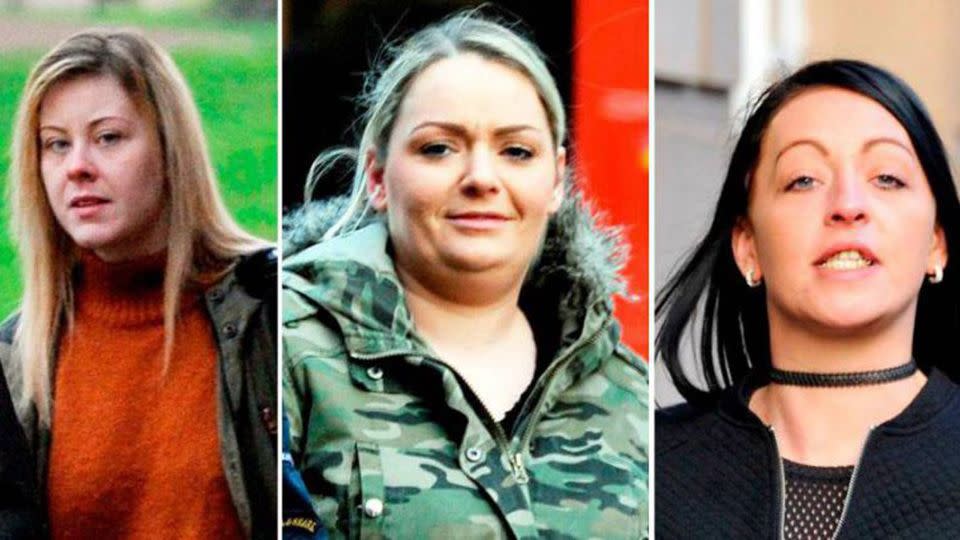 From left, Shannon Jones, Paige Cunningham and Brogan Gillard arriving at Preston Crown Court. Source: NW Mail