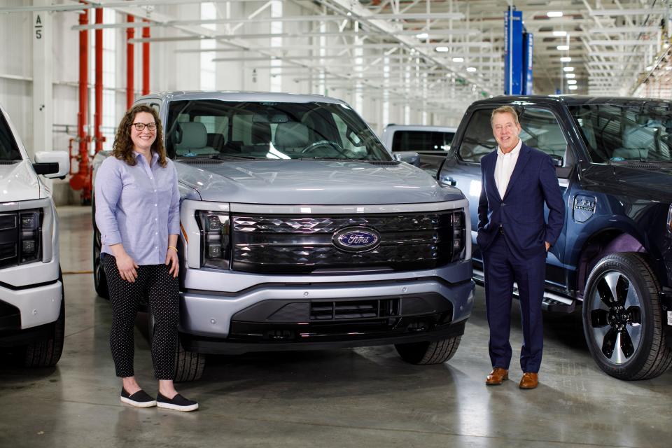 Megan Gegesky, program management launch supervisor for the all-electric Ford F-150 Lightning talks with Executive Chair Bill Ford in early April 2022 while taping video for Tuesday's launch celebration.