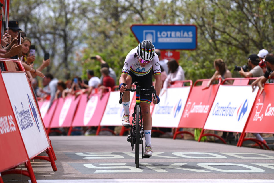 MIRADOR DE PEAS LLANAS SPAIN  MAY 05 Annemiek Van Vleuten of The Netherlands and Movistar Team crosses the finish line on second place during the 9th La Vuelta Femenina 2023 Stage 5 a 1292km stage from La Cabrera to Mirador de Peas Llanas 1479m  UCIWWT  on May 05 2023 in Mirador de Peas Llanas Spain Photo by Dario BelingheriGetty Images