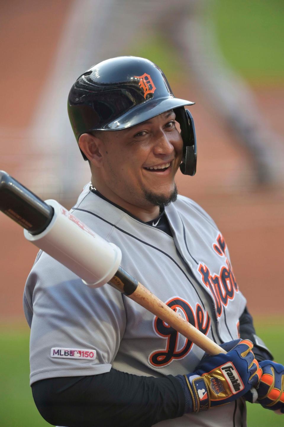 Detroit Tigers designated hitter Miguel Cabrera smiles before batting in the third inning against the Cleveland Indians at Progressive Field on July 17, 2019 in Cleveland.