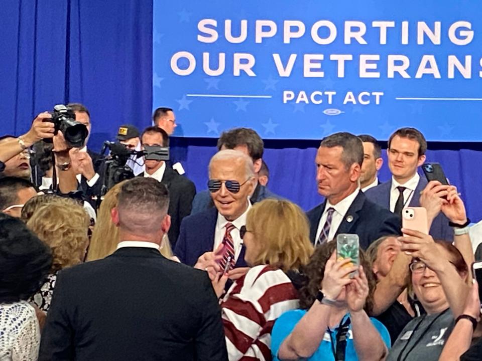 President Joe Biden talks to veterans and supporters after an event in Nashua Tuesday, May 21, 2024.